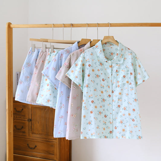 Rustikales Pyjama-Set aus doppelter Baumwollgaze mit Blumenmuster