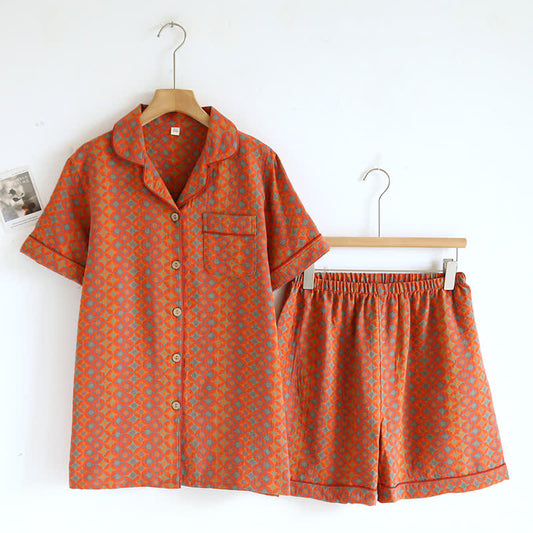 Orangefarbenes Pyjama-Set aus Baumwollgaze mit Vintage-Muster