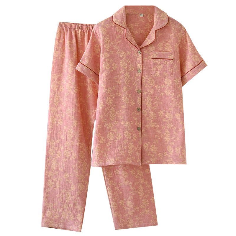 Pyjama mit floralem Revers aus garngefärbtem Baumwolljacquard