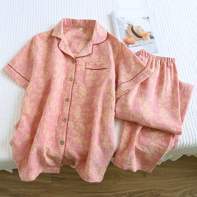 Pyjama mit floralem Revers aus garngefärbtem Baumwolljacquard