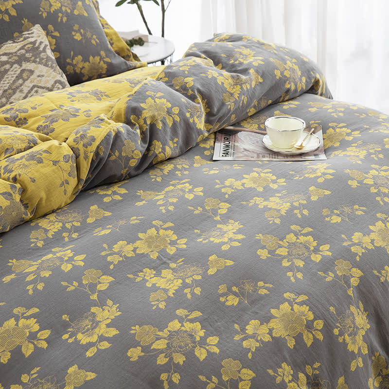 Rustikales Jacquard-Bettwäscheset aus Baumwollgaze mit Blumenmuster (4-teilig) - image 3