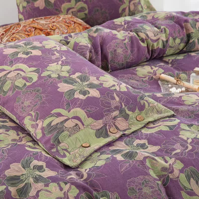 Wendebettwäscheset aus Baumwollgaze-Jacquard mit Blumenmuster (4-teilig)