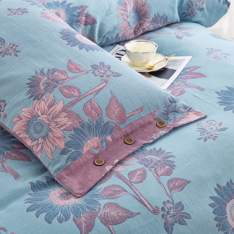 Sonnenblumen-Bettwäscheset aus Baumwollgaze-Jacquard (4-teilig)