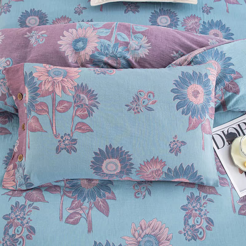 Sonnenblumen-Bettwäscheset aus Baumwollgaze-Jacquard (4-teilig)