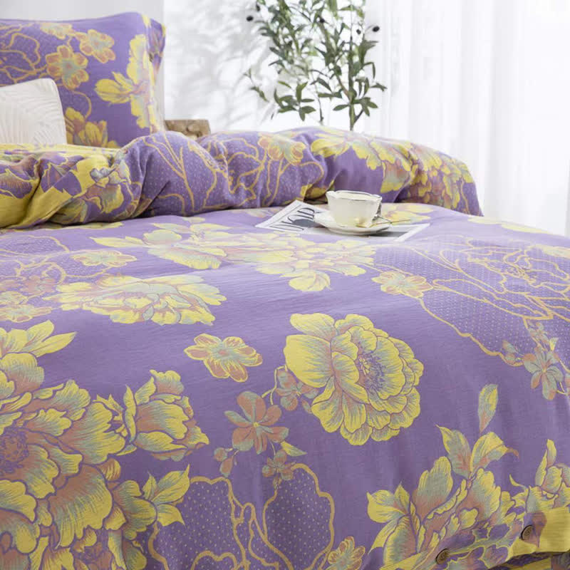 Bettwäscheset aus Baumwollgaze-Jacquard mit Pfingstrosenmotiv (4-teilig)