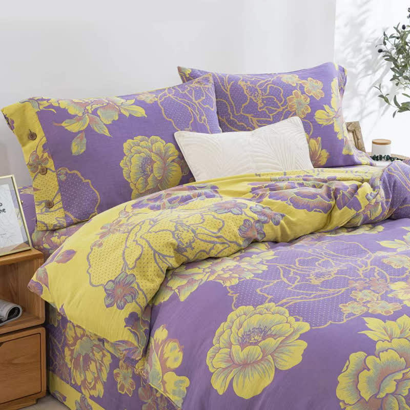 Bettwäscheset aus Baumwollgaze-Jacquard mit Pfingstrosenmotiv (4-teilig)