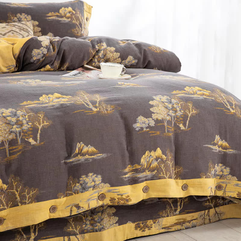 Bettwäscheset aus Baumwollgaze-Jacquard mit Landschaftsdruck (4-teilig)