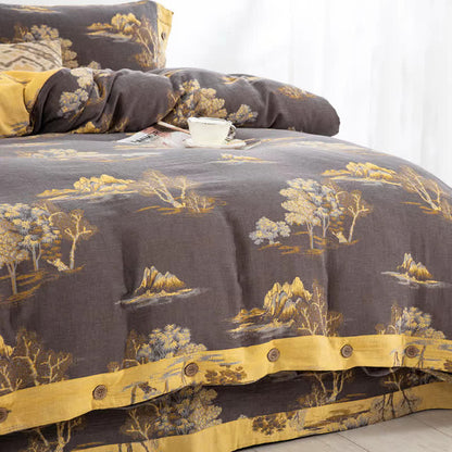 Bettwäscheset aus Baumwollgaze-Jacquard mit Landschaftsdruck (4-teilig)