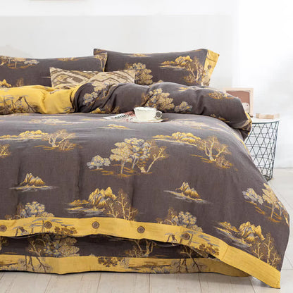 Bettwäscheset aus Baumwollgaze-Jacquard mit Landschaftsdruck (4-teilig)