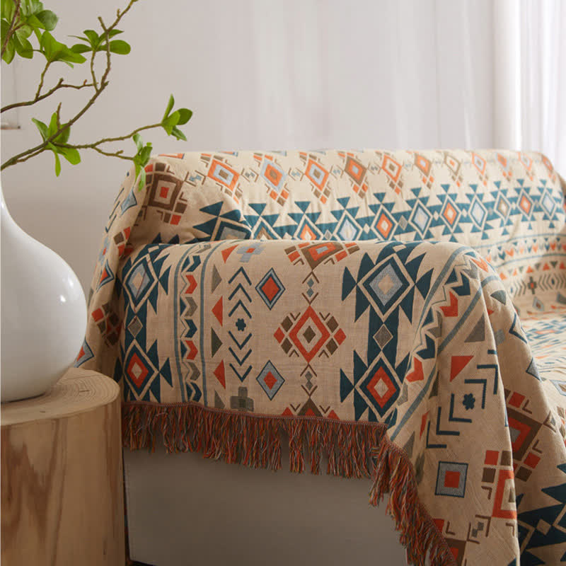 Boho-Steppdecke aus Baumwollgaze mit geometrischem Muster