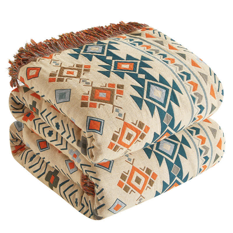 Boho-Steppdecke aus Baumwollgaze mit geometrischem Muster