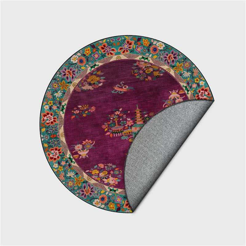 Runder Vintage-Teppich für drinnen und draußen mit Blumenmuster