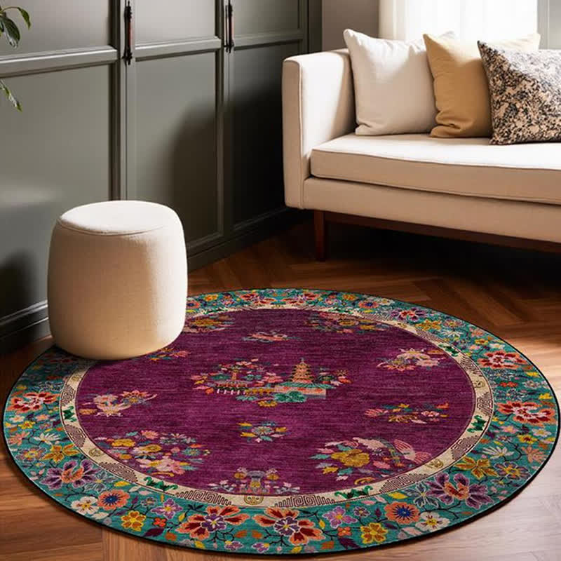 Runder Vintage-Teppich für drinnen und draußen mit Blumenmuster