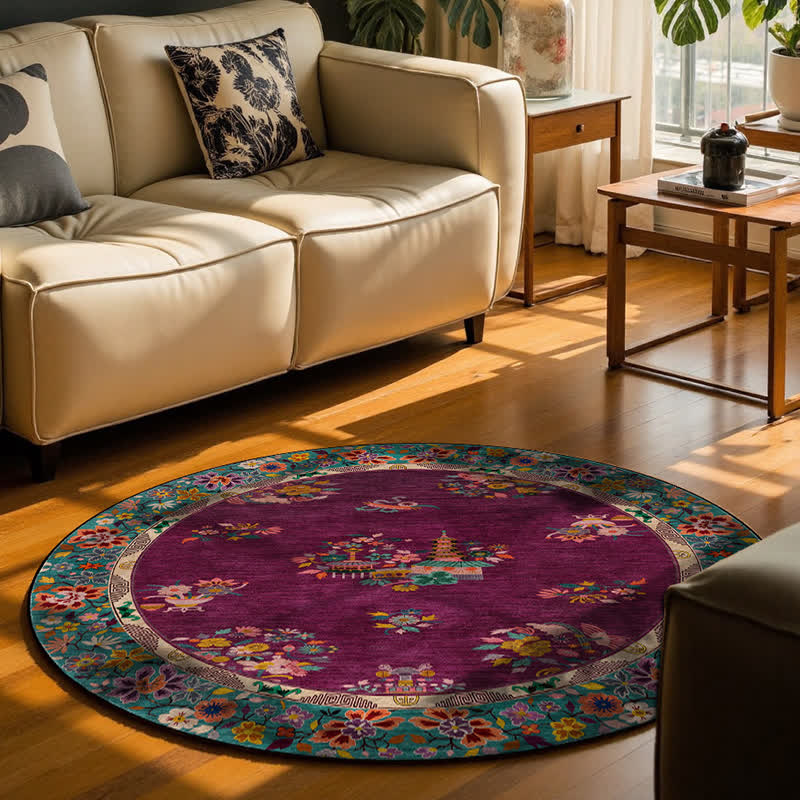 Runder Vintage-Teppich für drinnen und draußen mit Blumenmuster
