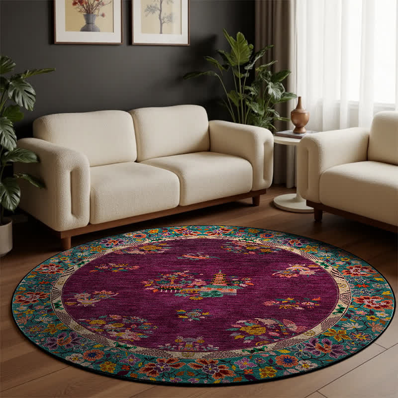 Runder Vintage-Teppich für drinnen und draußen mit Blumenmuster
