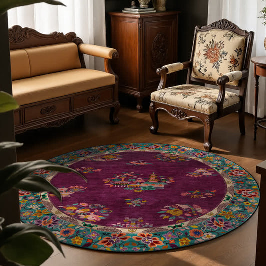 Runder Vintage-Teppich für drinnen und draußen mit Blumenmuster