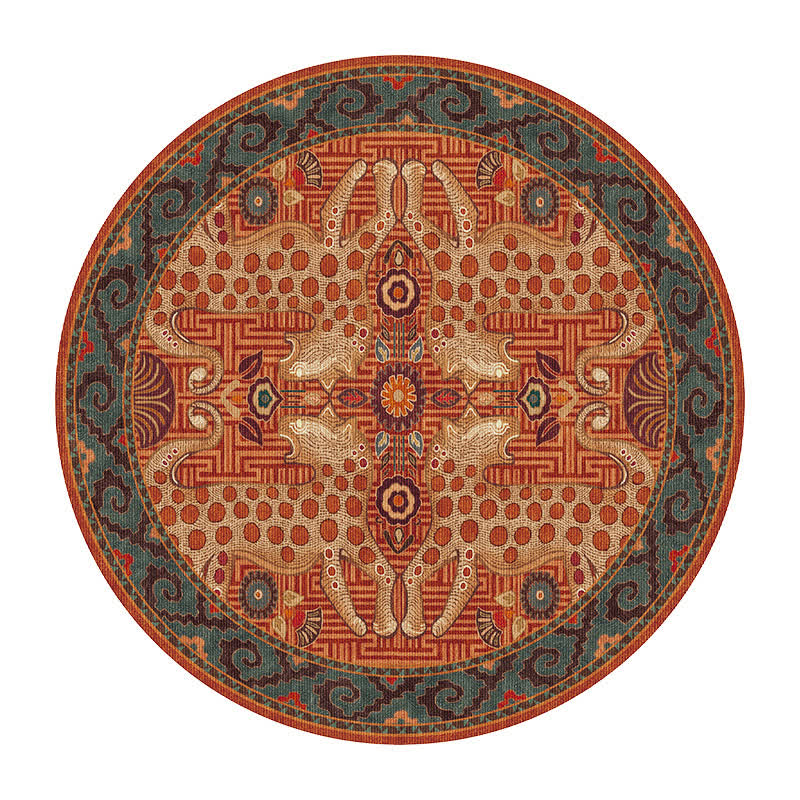 Exotischer runder Vintage-Teppich mit Leopardenmuster