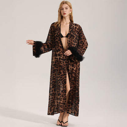 Langärmliger Kimono-Bademantel mit Leopardenmuster
