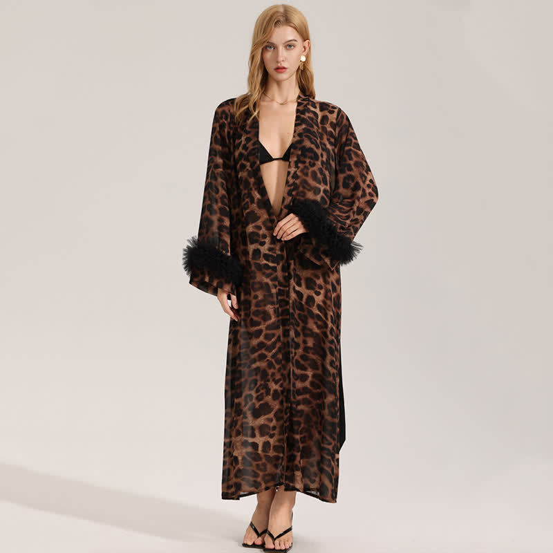 Langärmliger Kimono-Bademantel mit Leopardenmuster