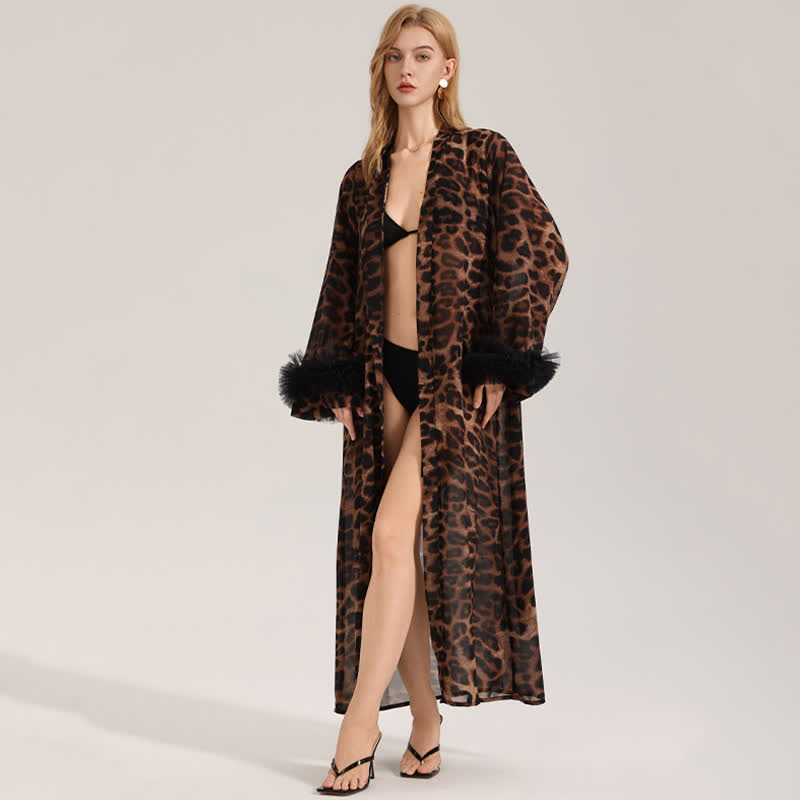 Langärmliger Kimono-Bademantel mit Leopardenmuster