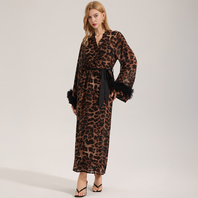 Langärmliger Kimono-Bademantel mit Leopardenmuster