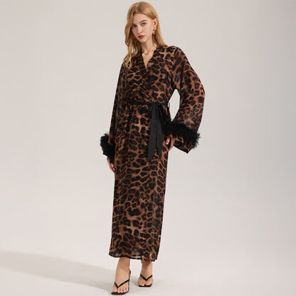 Langärmliger Kimono-Bademantel mit Leopardenmuster