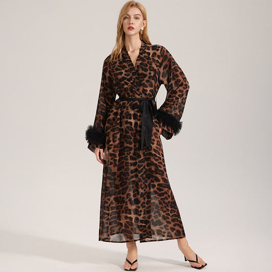Langärmliger Kimono-Bademantel mit Leopardenmuster