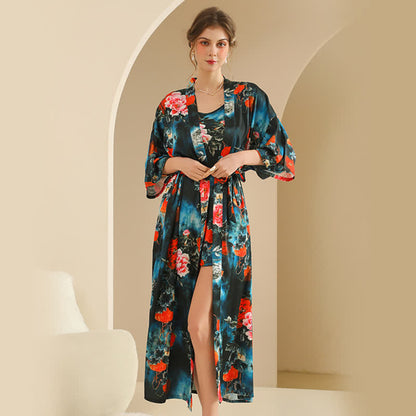 Luxuriöses Bademantel-Set im Pfingstrosen-Kimono-Stil