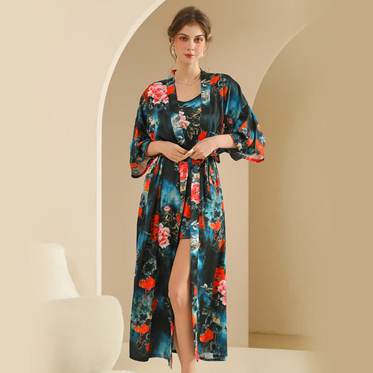 Luxuriöses Bademantel-Set im Pfingstrosen-Kimono-Stil