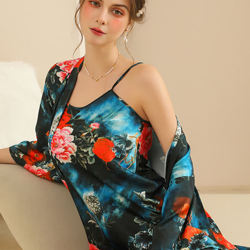 Luxuriöses Bademantel-Set im Pfingstrosen-Kimono-Stil