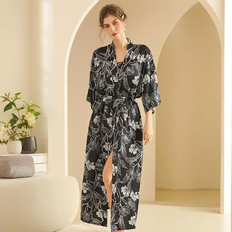 Schwarzes Hibiskus-Kimono-Bademantel-Set