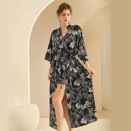 Schwarzes Hibiskus-Kimono-Bademantel-Set