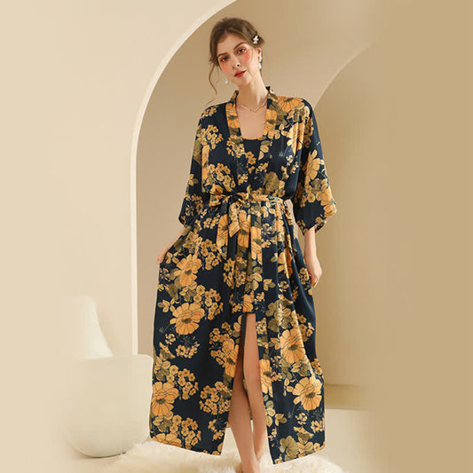Gelbes Kimono-Bademantel-Set mit Blumenmuster