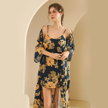 Gelbes Kimono-Bademantel-Set mit Blumenmuster