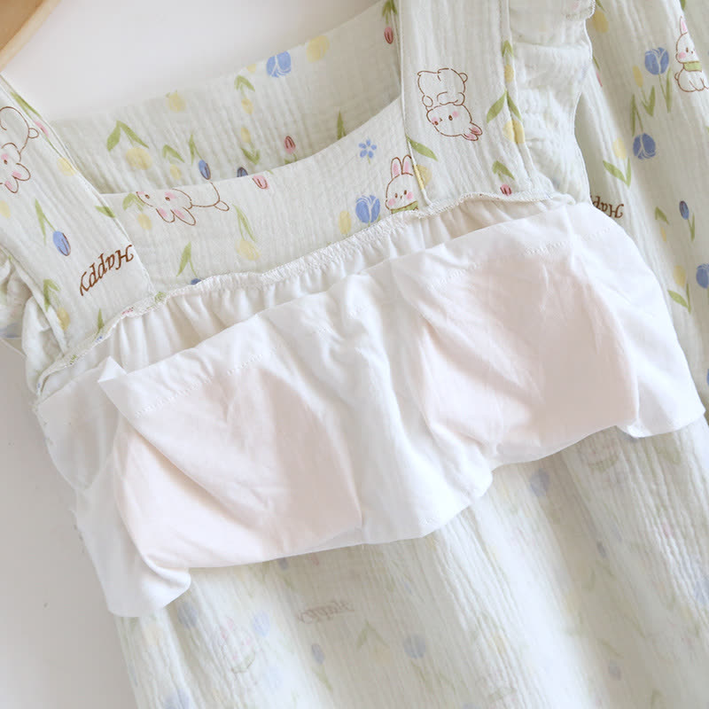 Loungewear-Set mit geblümtem Kaninchen-Print und Flatterärmeln