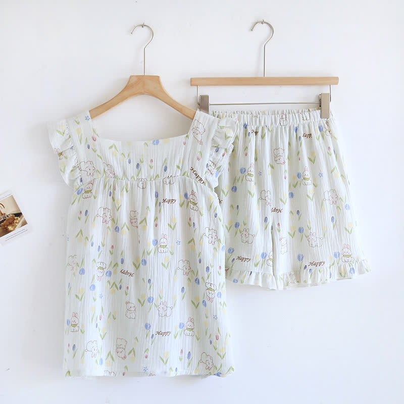 Loungewear-Set mit geblümtem Kaninchen-Print und Flatterärmeln