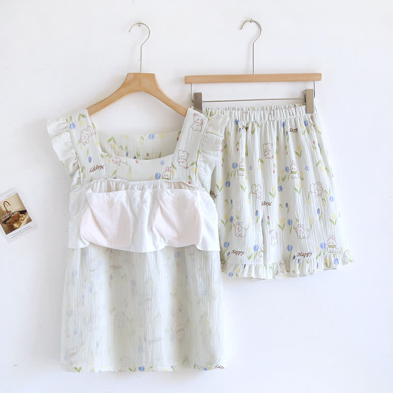 Loungewear-Set mit geblümtem Kaninchen-Print und Flatterärmeln