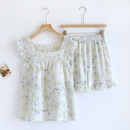 Loungewear-Set mit geblümtem Kaninchen-Print und Flatterärmeln