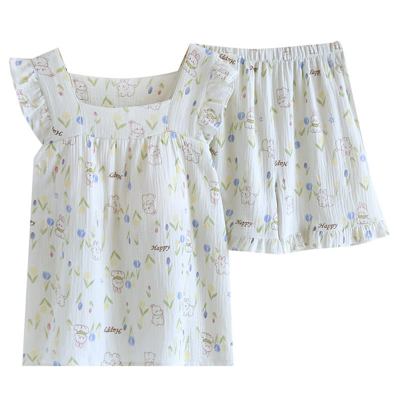 Loungewear-Set mit geblümtem Kaninchen-Print und Flatterärmeln