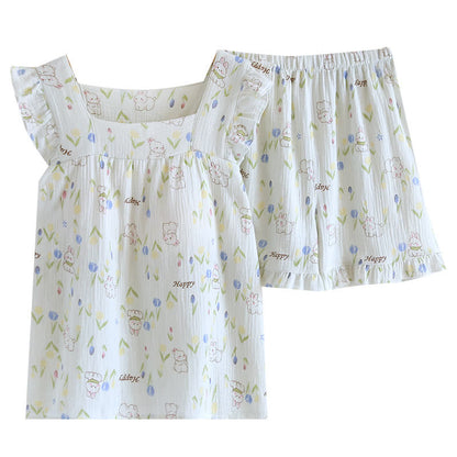 Loungewear-Set mit geblümtem Kaninchen-Print und Flatterärmeln