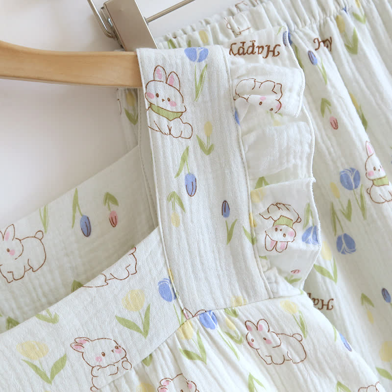Loungewear-Set mit geblümtem Kaninchen-Print und Flatterärmeln