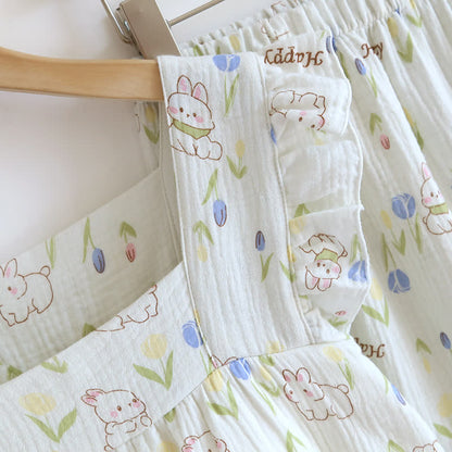 Loungewear-Set mit geblümtem Kaninchen-Print und Flatterärmeln