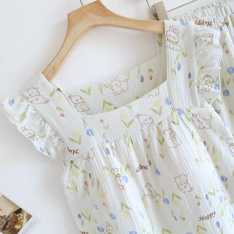 Loungewear-Set mit geblümtem Kaninchen-Print und Flatterärmeln