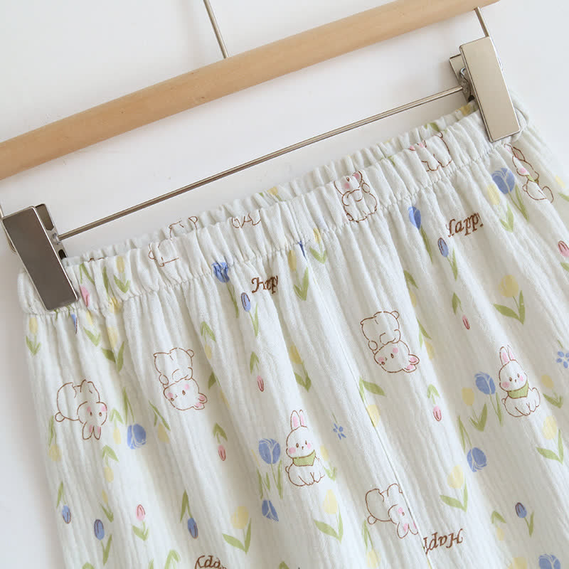 Loungewear-Set mit geblümtem Kaninchen-Print und Flatterärmeln