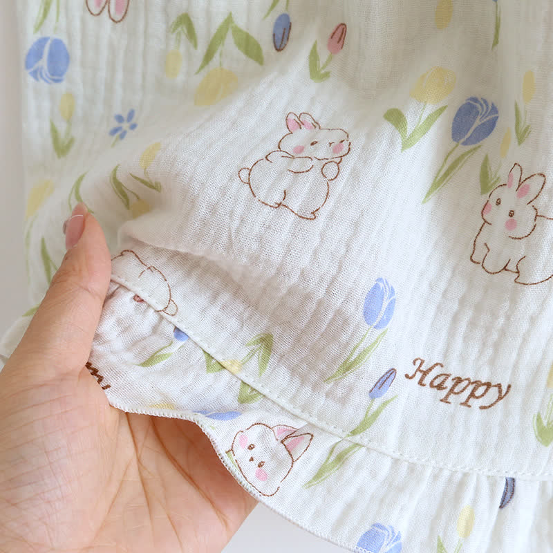 Loungewear-Set mit geblümtem Kaninchen-Print und Flatterärmeln