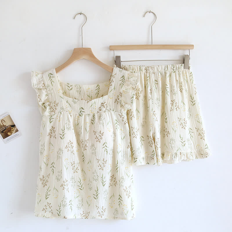 Gepolstertes Pyjama-Set mit Blattmuster und Flatterärmeln