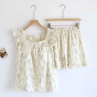 Gepolstertes Pyjama-Set mit Blattmuster und Flatterärmeln