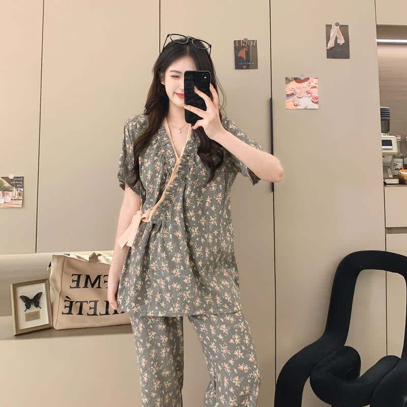 Kimono-Nachtwäscheset mit Rosenmuster und Rüschen