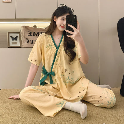 Kimono-Nachtwäscheset mit Blattmuster und Rüschen