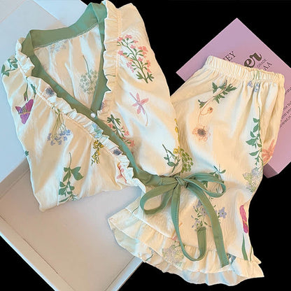 Pyjama-Set mit Hortensien-Print und Rüschenärmeln